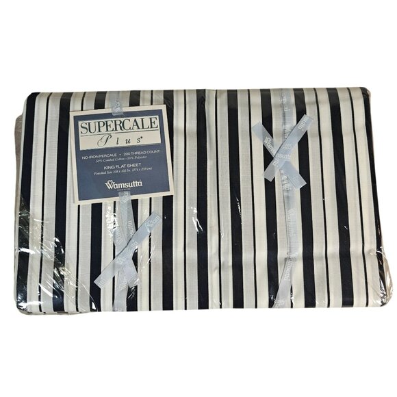 Vintage Wamsutta Supercale Plus Striped King Flat Sheet Black - Picture 1 of 6